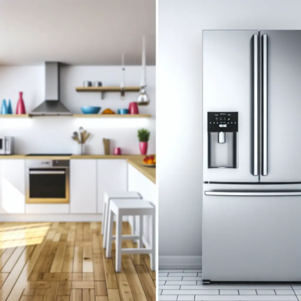 Nowoczesna lodówka w jasnej kuchni