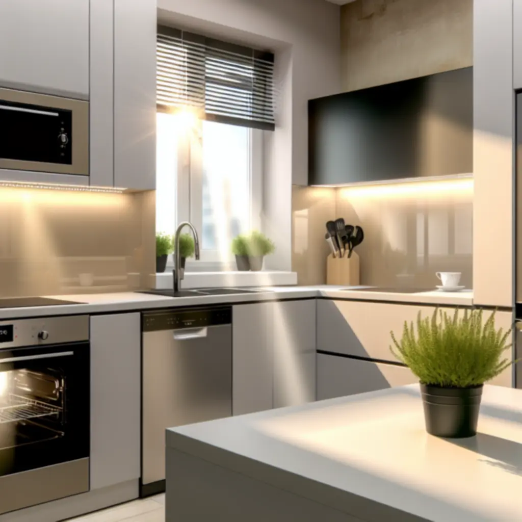 Nowoczesna, jasna kuchnia z zabudowanym sprzętem AGD